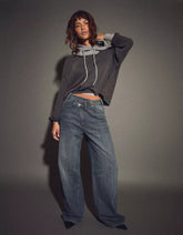 Wide leg jeans with crossover waistband