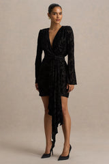 Vicenta | Black Velvet Devore Plunge-Neck Wrap Mini Dress