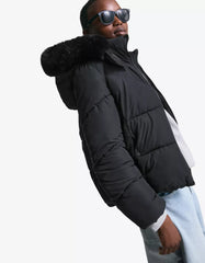 Water-repellent hooded puffer jacket with faux fur