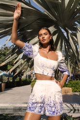 Bibi | Wisteria Print Linen Puff-Sleeve Top