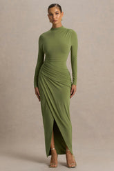 Zephyra | Olive High-Neck Wrapped Maxi Dress