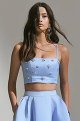 Vienna | Blue Embellished Satin Crop Top