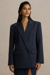 Alana | Navy Pinstripe Plunge-Neck Tailored Blazer