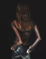 Long sleeve tulle T-shirt with rhinestones