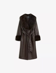 Contrast leather effect coat with faux fur