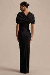 Yoli | Black Satin Maxi Dress With Twist-Cape