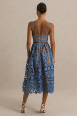 Zuri | Blue Lace Sweetheart Midi Dress With Cami Straps