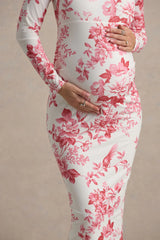 Vanette | Pink Floral Print Asymmetric Long-Sleeve Maternity Maxi Dress