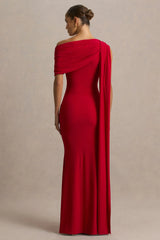 Zendaya | Red Asymmetric-Neck Fishtail Maxi Dress With Cape Detail