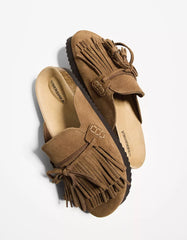 Flat LEATHER clogs with fringe detail