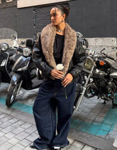 Leather effect jacket with faux fur collar