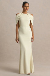 Yulia | Sand High-Neck Maxi Dress With Cape Sleeves