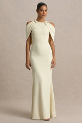 Yulia | Sand High-Neck Maxi Dress With Cape Sleeves