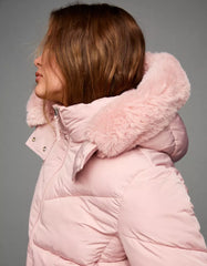 Water-repellent hooded puffer jacket with faux fur