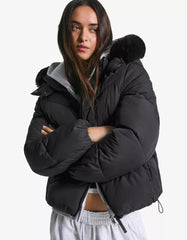 Water-repellent hooded puffer jacket with faux fur