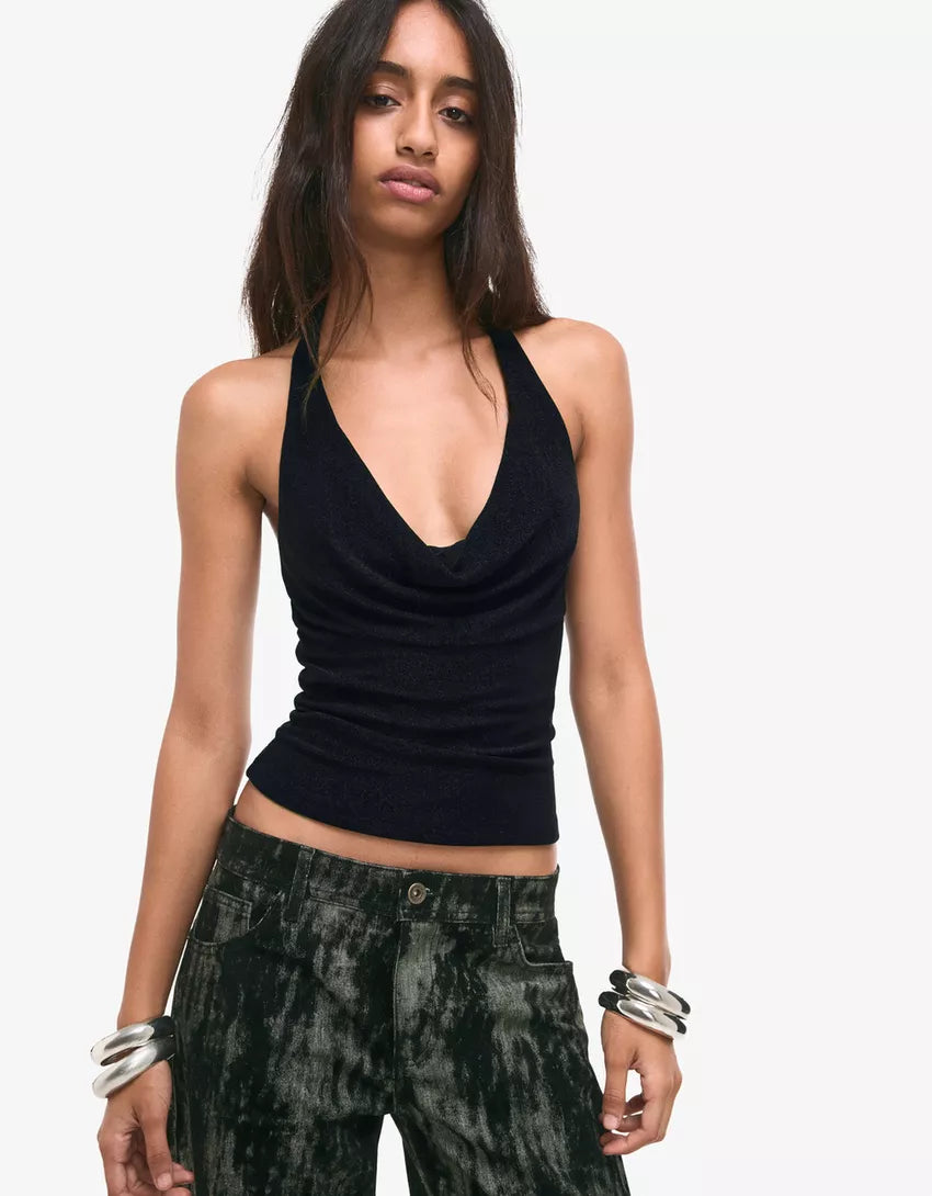 Shimmery draped cowl neck halter top