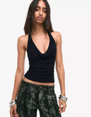 Shimmery draped cowl neck halter top