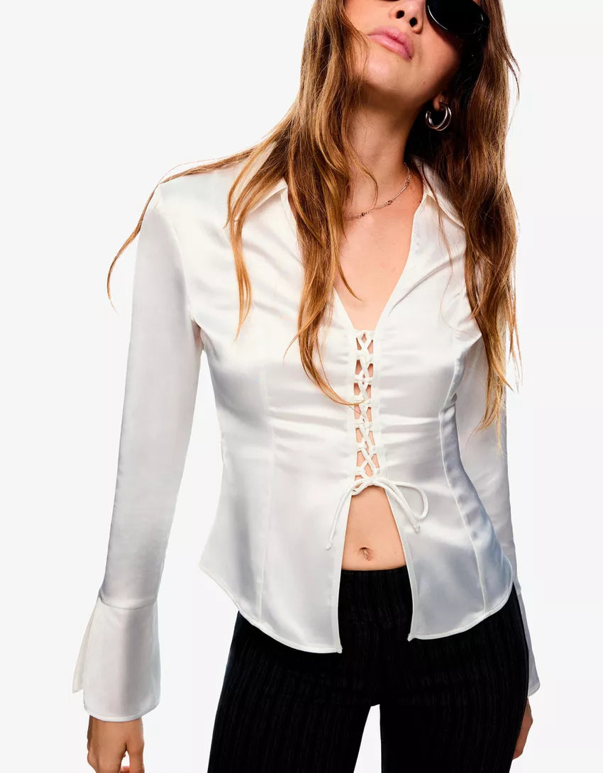 Lace-up satin shirt