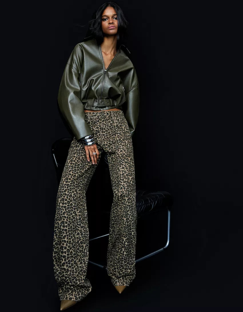 Animal print straight-leg studded pants