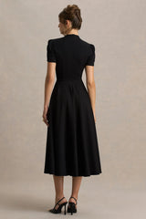 Vicky | Black High Neck Midi Dress With Puff Sleeves