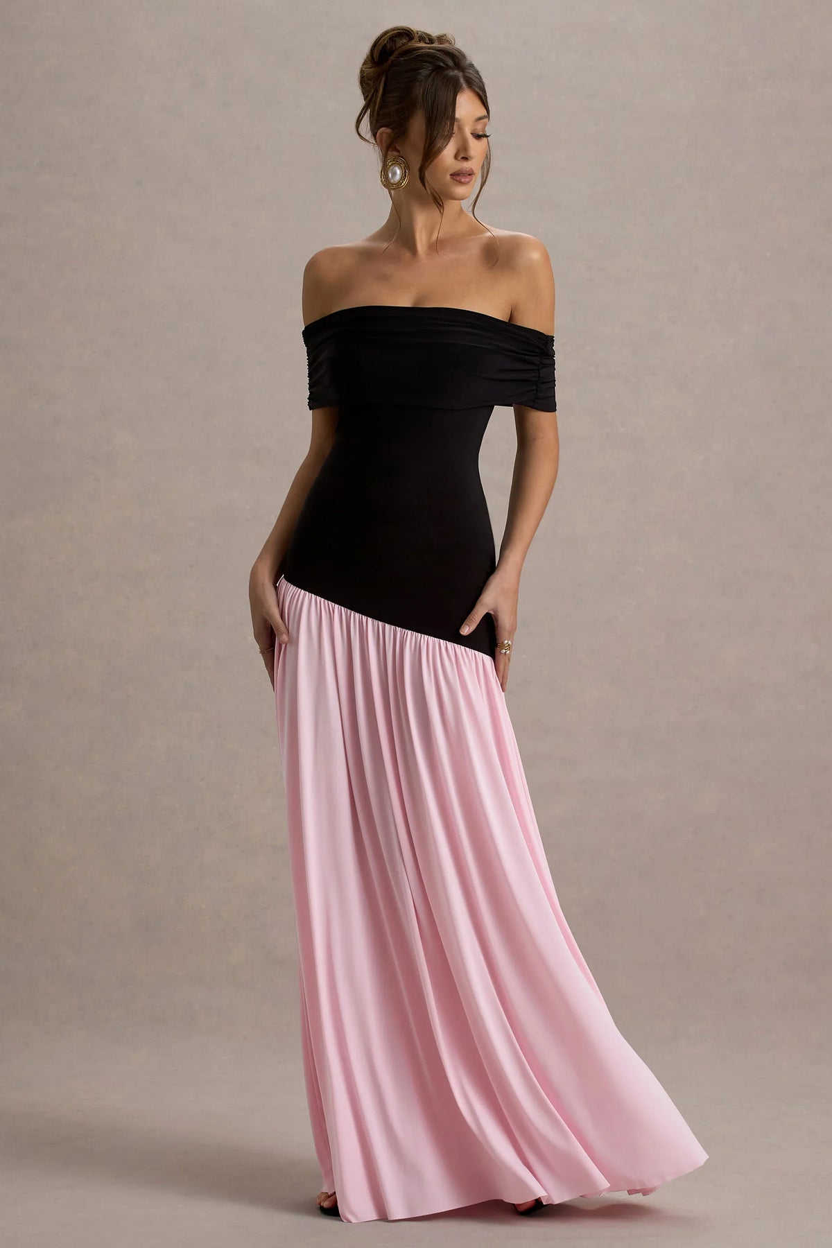 Venezia | Black & Pink Bardot Puff-Skirt Maxi Dress