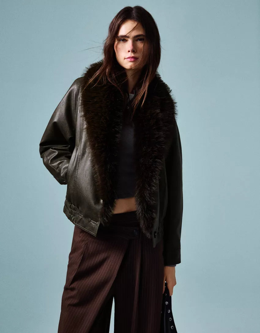 Leather effect jacket with faux fur collar