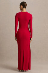 Virelle | Red Boat-Neck Maxi Dress With Drop-Waist