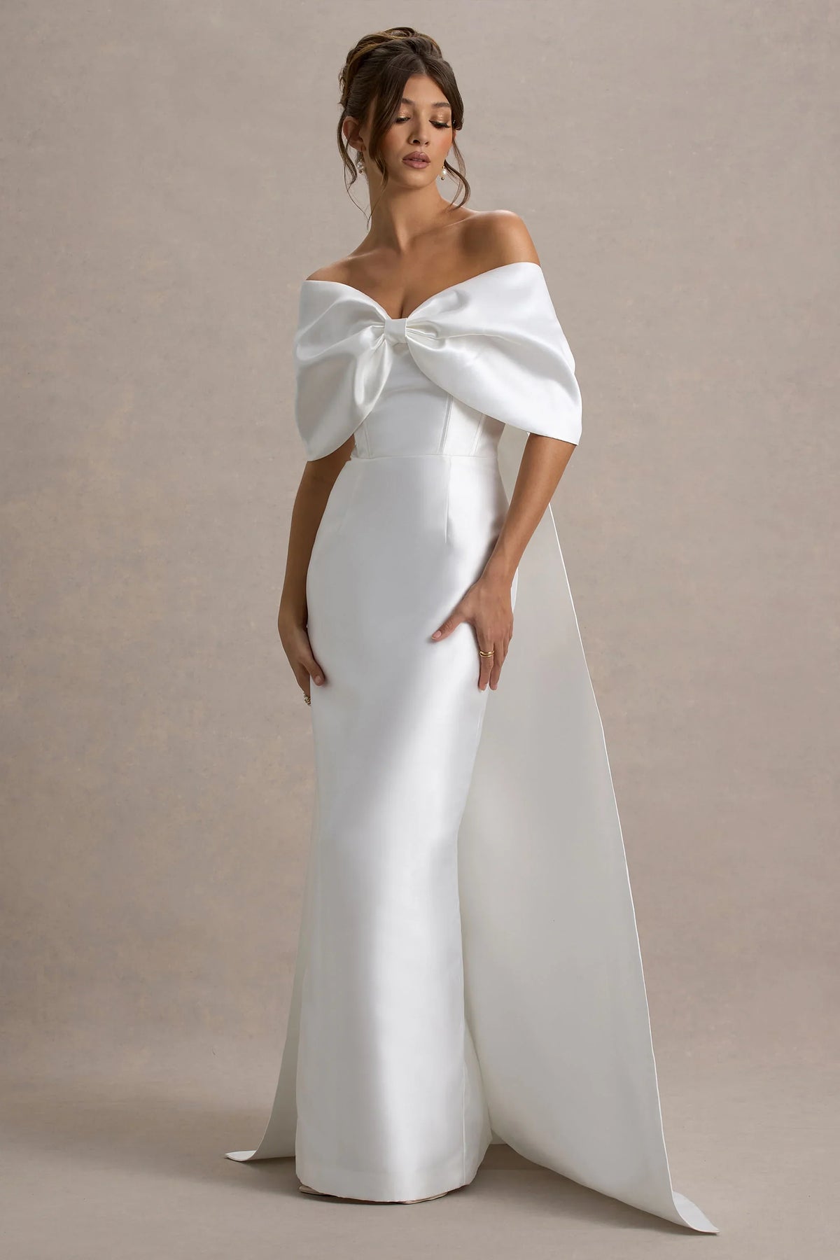 Wanting More | Off White Satin Cape Maxi Dress With Oversized Bow