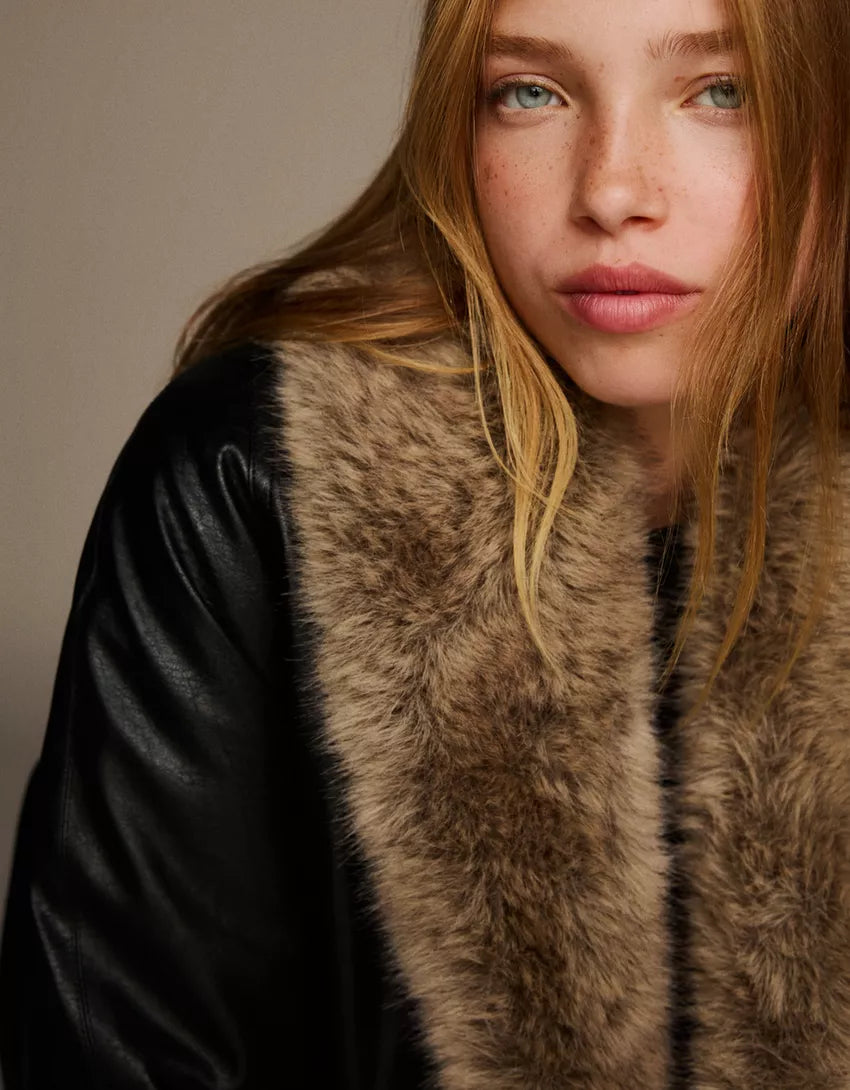 Leather effect jacket with faux fur collar