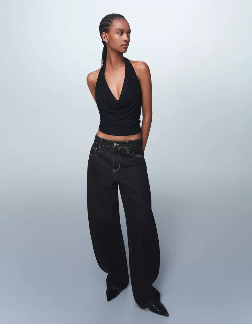 Shimmery draped cowl neck halter top