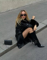 Contrast leather effect coat with faux fur