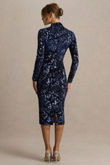 Alanita | Navy Velvet And Sequin High-Neck Midi Dress With Long Sleeves