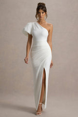 Vittoria | White Asymmetric Puff-Sleeve Split Maxi Dress