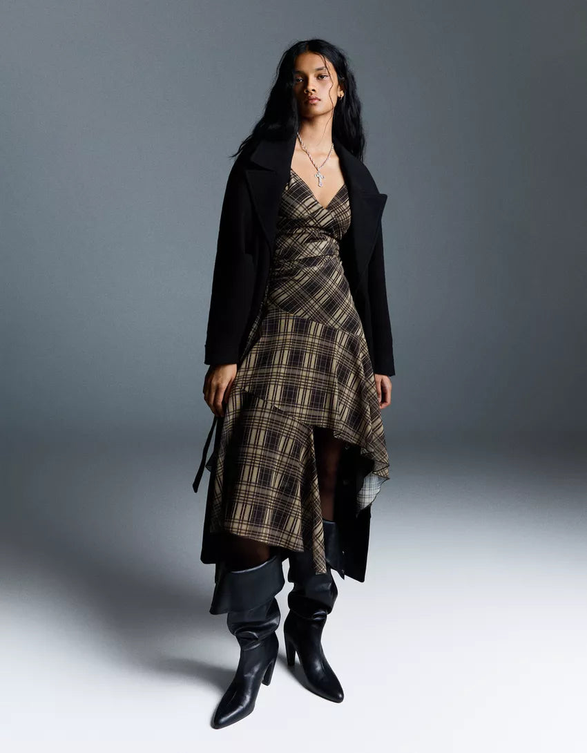 Check strappy tulle midi dress