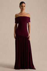 Venezia | Burgundy Bardot Puff-Skirt Maxi Dress