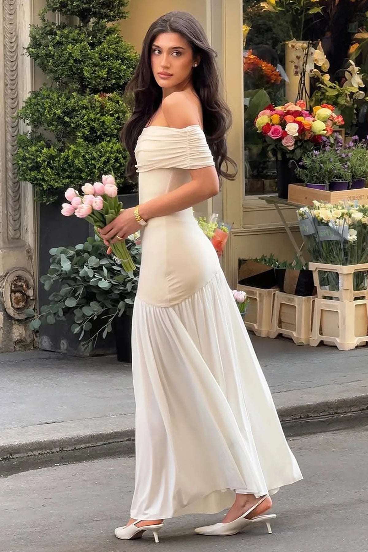 Venezia | Stone & White Bardot Puff-Skirt Maxi Dress