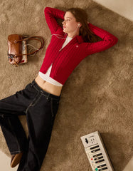 Cable-knit cardigan with a polo collar