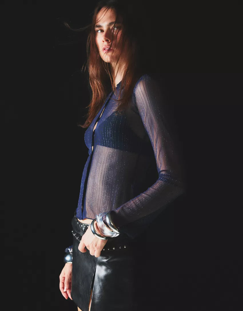 Long sleeve tulle T-shirt with rhinestones