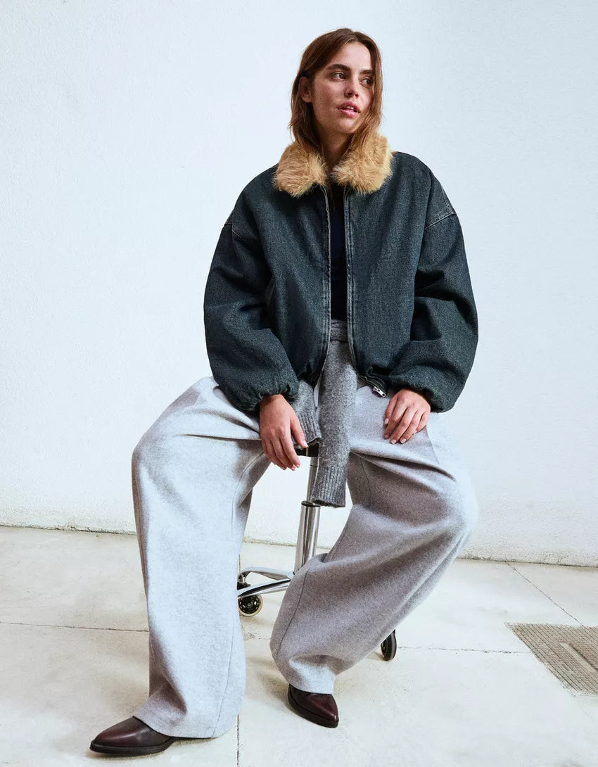 Denim jacket with faux fur collar