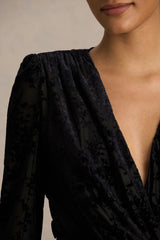 Vicenta | Black Velvet Devore Plunge-Neck Wrap Mini Dress
