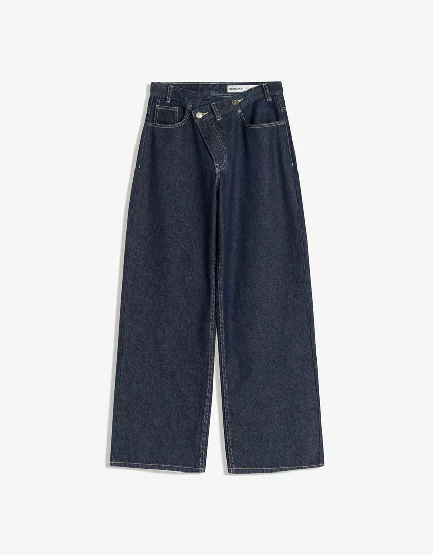 Wide leg jeans with crossover waistband