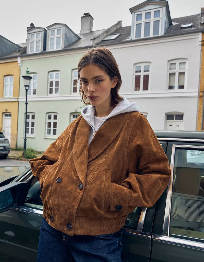 Double-breasted suede leather jacket