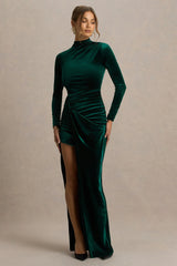 Wishes | Bottle Green Velvet High-Neck Maxi Dress With Wrap Skirt