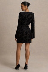 Vicenta | Black Velvet Devore Plunge-Neck Wrap Mini Dress
