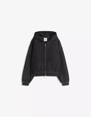 Denim bomber jacket with hood and studs