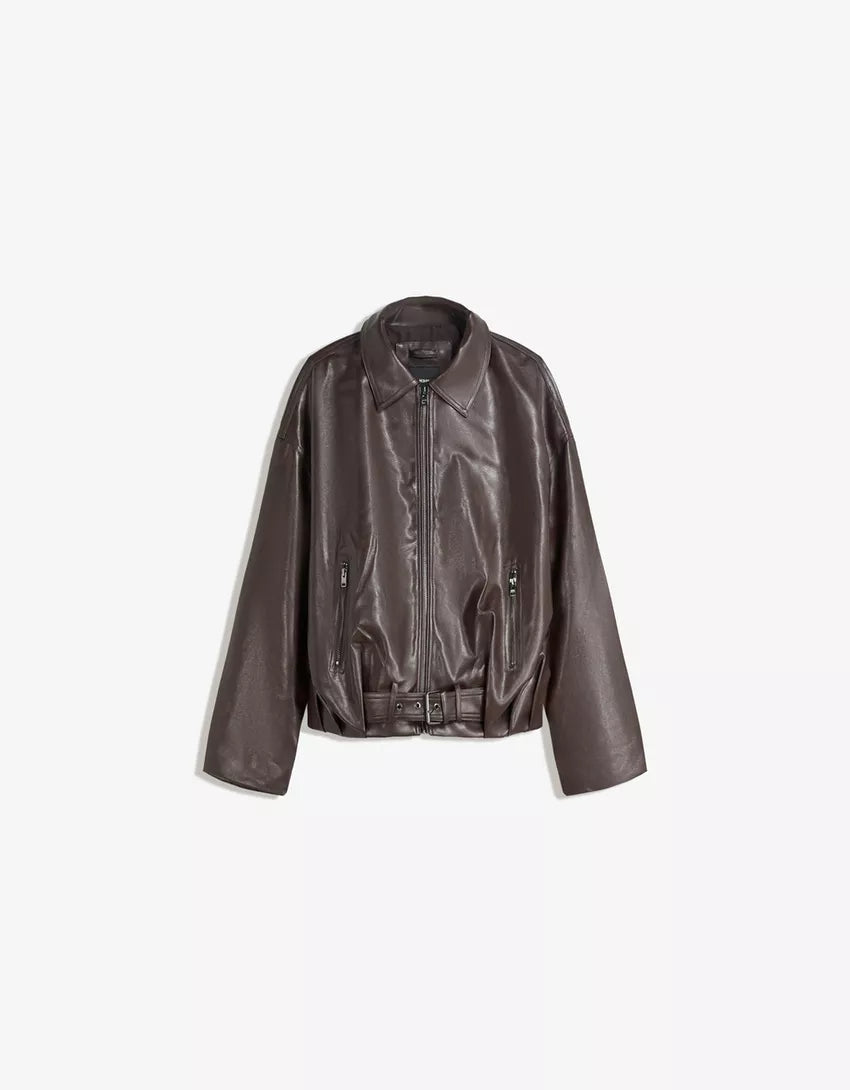 Belted leather effect bomber jacket
