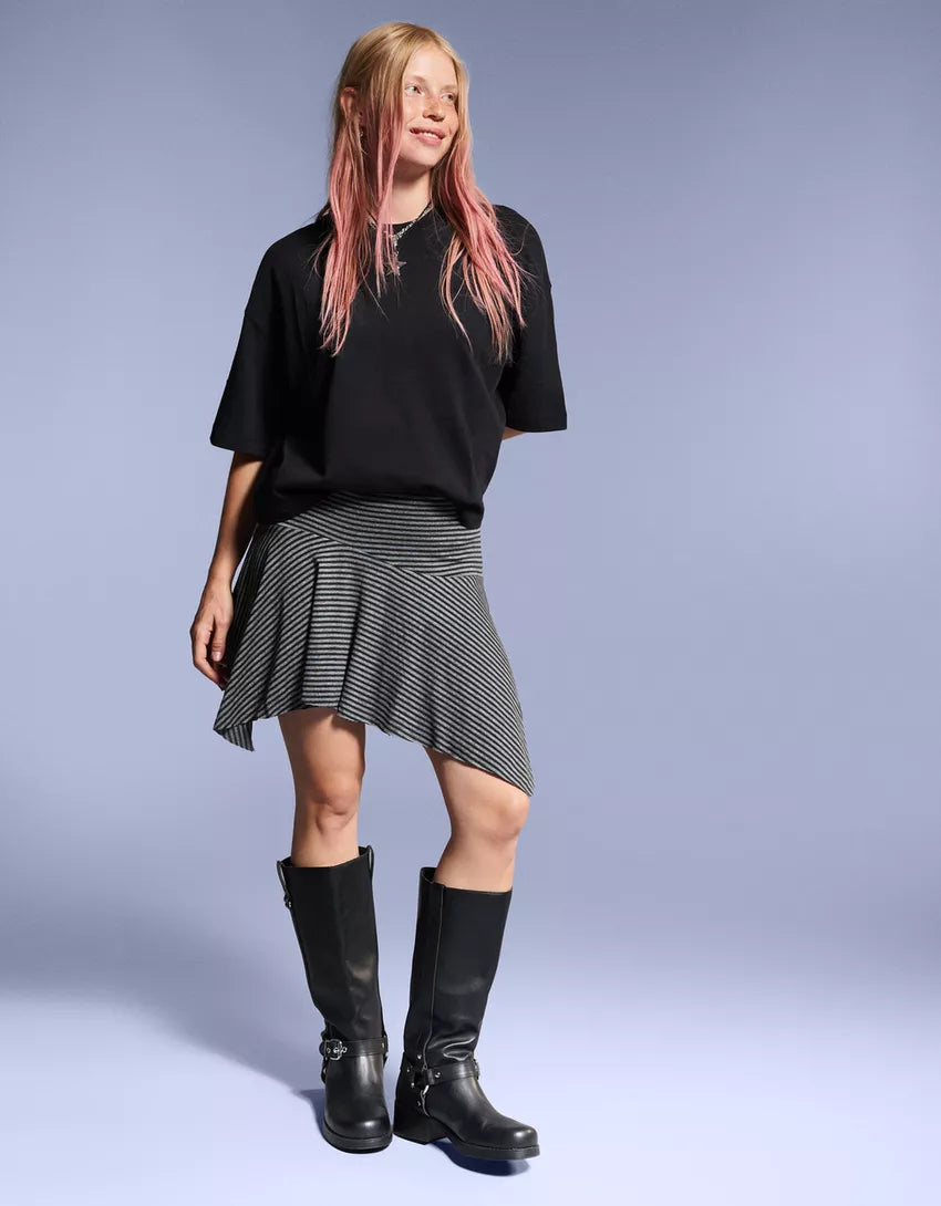 Striped asymmetric mini skirt