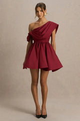 Verona | Burgundy  Draped Asymmetric-Neck Skater Mini Dress