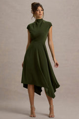 Velma | Olive Satin Midi Dress With Draped Hem