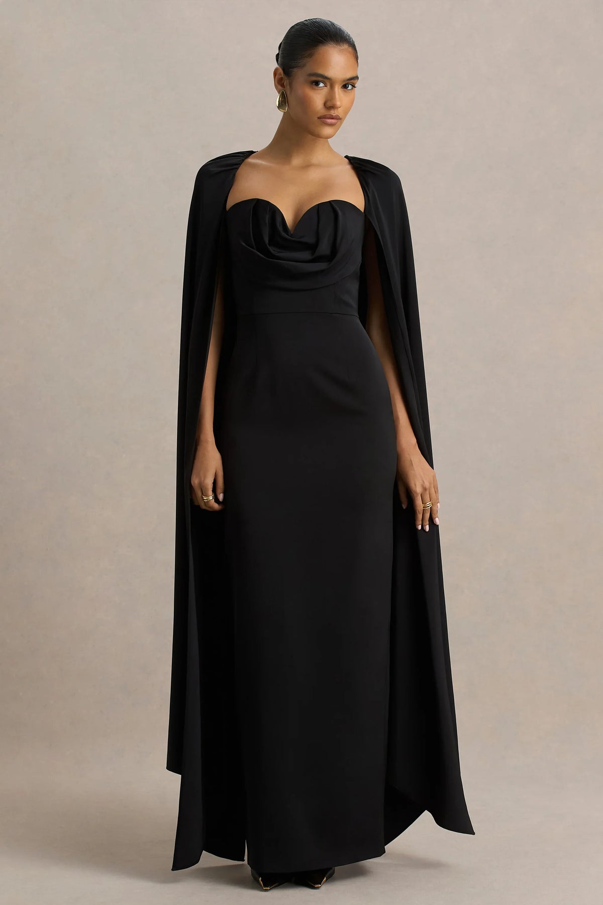 Wren | Black Satin Plunge-Neck Maxi Dress With Cape Sleeves